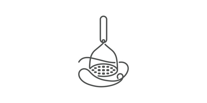 Minimalist continuous line art drawing of a kitchen potato masher tool.