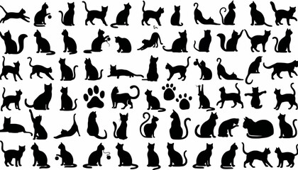 Cats in various poses and silhouettes are organized as a comprehensive set of feline icons on a white background. © Desire