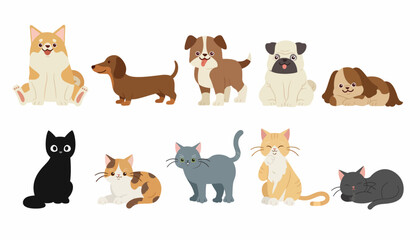Dogs and cats group illustration showcases various breeds of domestic pets sitting and lying down. © Desire