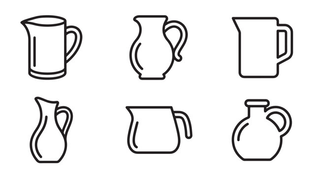 Collection of various pitcher and jug linear icons for serving liquids water juice or milk with container beverage collection minimalist isolated porcelain tableware houseware catering