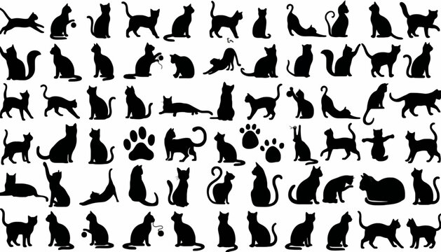 Cats in various poses and silhouettes are organized as a comprehensive set of feline icons on a white background.