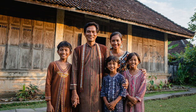 A family of five, including two adults and three children, standing outdoors in front of a traditional wooden house, smiling and dressed in casual and traditional clothing.
