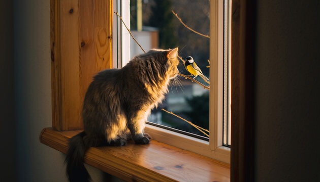 A fluffy cat sitting on a wooden windowsill, looking outside at a bird perched on a wire. The scene is illuminated by warm, natural sunlight.