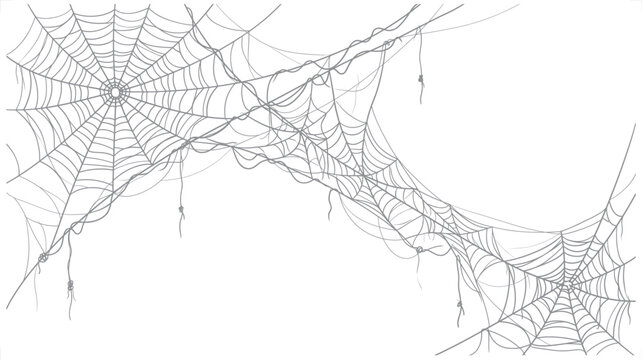 Delicate spiderwebs with torn strands hanging in soft diffused light on a white background for a conceptual design element