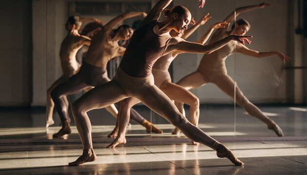 A group of ballet dancers practicing in a studio, performing synchronized movements with focused expressions, illuminated by natural light, emphasizing grace, discipline, and artistry.