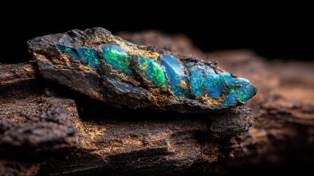 A striking raw opal specimen showcasing vibrant blue and green play-of-color within dark matrix