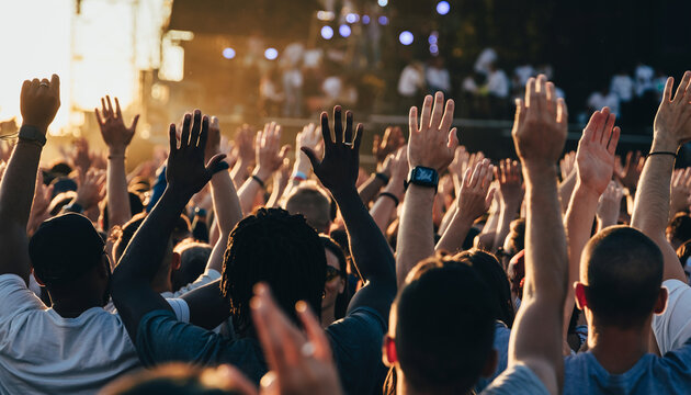 A large group of people gathered outdoors, raising their hands in the air during what appears to be a concert or public event at sunset.