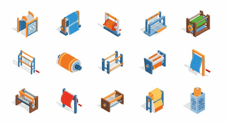 Colorful isometric icons of bookshelves and storage units. © agussssss
