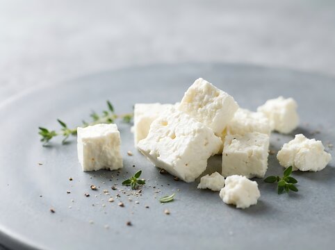 Feta cheese cubes with thyme and black pepper on a plate