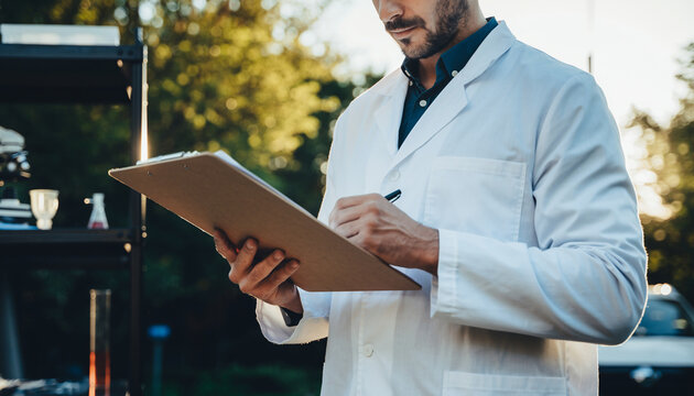 A man in a white lab coat is outdoors, reading a clipboard, with trees and sunlight in the background, suggesting a scientific or medical professional in a natural setting.