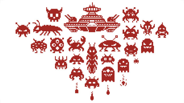 Pixelated retro aliens and spacecraft arranged in a geometric formation on a white background