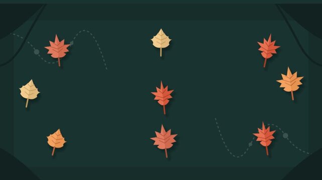 Animated autumn leaves moving on dark green background with motion trails.
