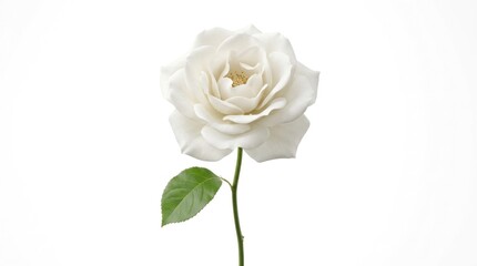 Fototapeta premium A single white rose with a green leaf on a white background, isolated.