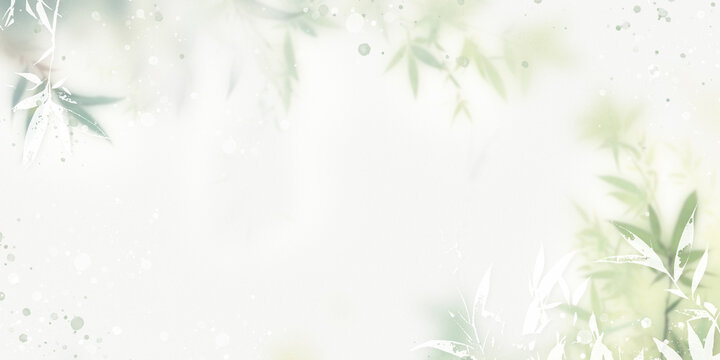 A light green background with blurred bamboo leaves and soft glowing spots.