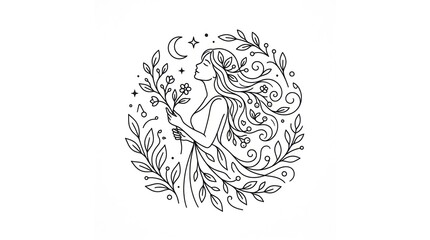 Fototapeta premium A woman with long hair, holding a branch with flowers, standing in a circular floral pattern with a crescent moon and stars in the background.