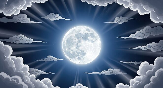 Moonlight shining through cloudy night sky.