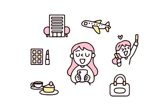 自分へのご褒美を何にしようか考える若い女性のイラスト