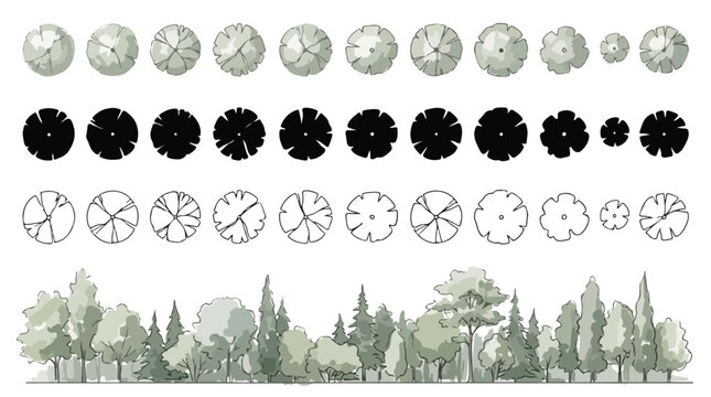 Architectural tree symbols for landscape design, top view plan icons and side elevation forest vector set, minimalist greenery for site mapping