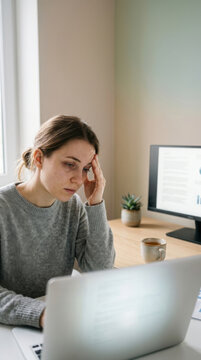 Young Woman Feeling Stressed While Working Remotely At Home Office Desk