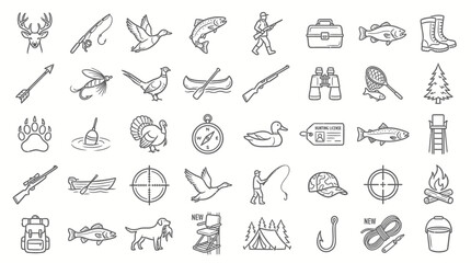 Collection of hand-drawn icons representing hunting and fishing activities, equipment, and wildlife. © handaka