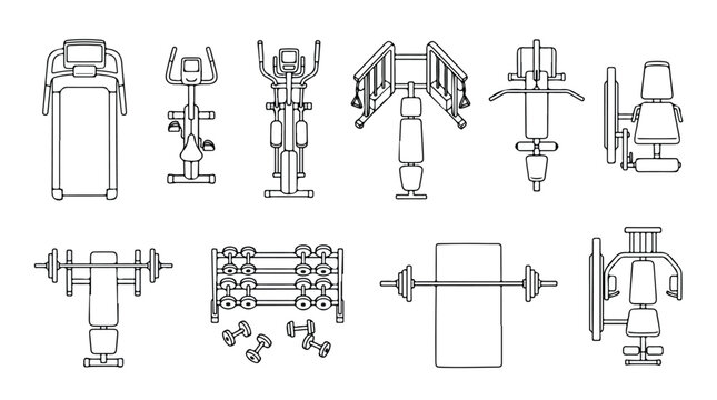 Gym equipment icons set in top view, 10 fitness machine vector outlines, overhead workout station symbols for floor plan layout and interior design