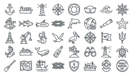Collection of marine and nautical icons in a clean line art style, perfect for maritime themes. © handaka