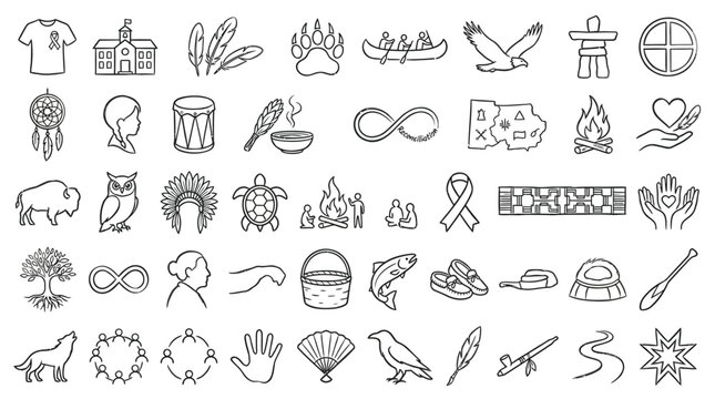 Collection of Indigenous Canadian cultural symbols and icons in a simple line art style.