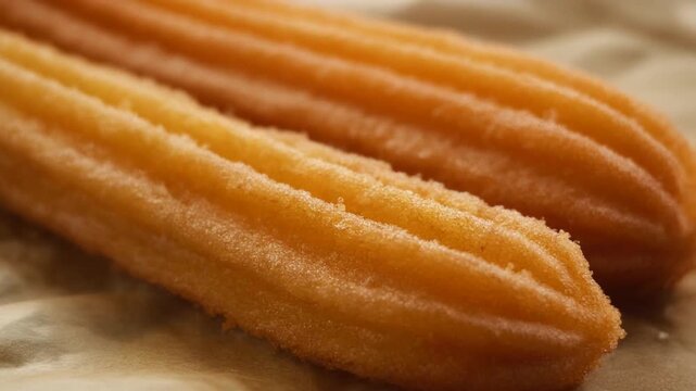 Freshly Baked Golden Churros with Sparkling Sugar Crystals Close Up