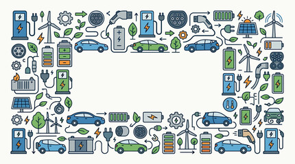 Fototapeta premium Frame background featuring electric vehicle and sustainable energy icons in a flat line art style.