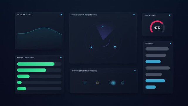 Dark mode user interface dashboard templates for technology monitoring and data analysis with glowing charts