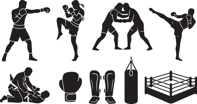 Set of boxing and martial arts silhouettes with fighters gear and a fighting ring isolated on transparent background, Vector
