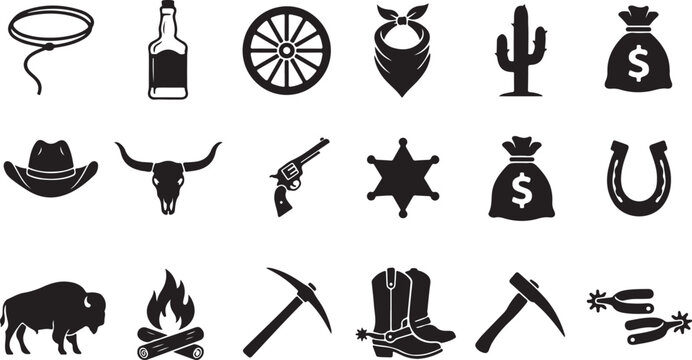 Set of black wild west icons featuring cowboy hat lasso pistol cactus and sheriff badge isolated on transparent background, Vector