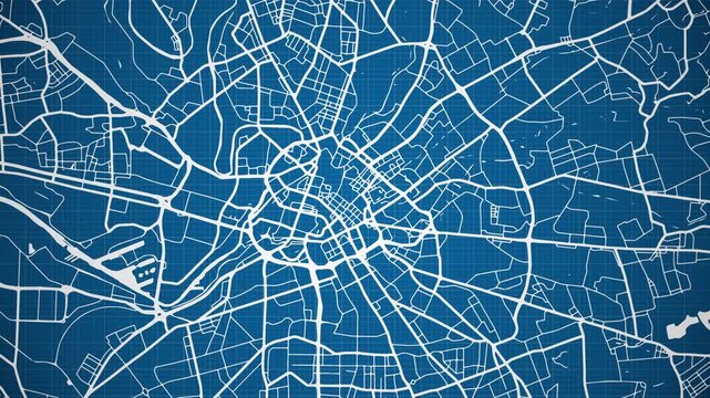 Ink reveal animation of Manchester city, Greater Manchester, England, United Kingdom, grid map. Aerial top view. Blueprint style. White lines with blue background. 4K Seamless loop.