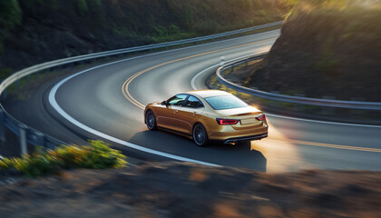 Naklejka premium A sleek, modern sedan driving along a winding mountain road during sunset, with guardrails and trees on the roadside, creating a scenic and dynamic landscape.