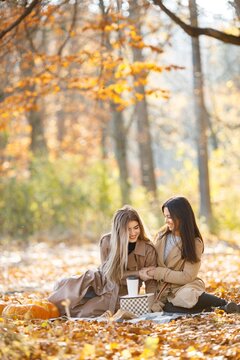 Two girls making picnic on a blanket in autumn park