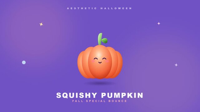 Cute orange animated squishy pumpkin character bouncing on a purple background for Halloween