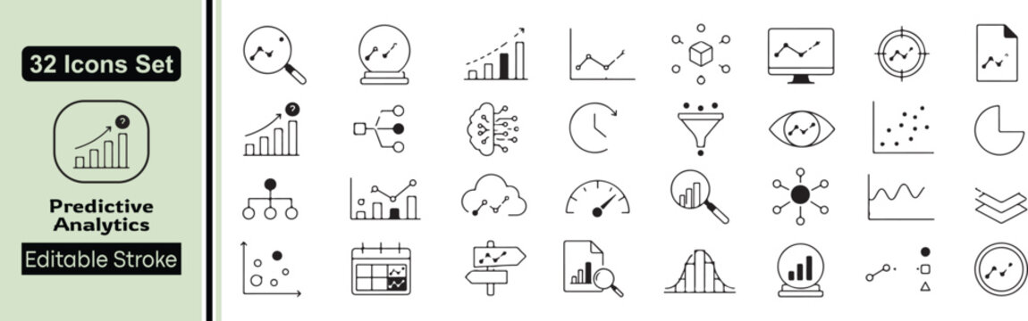 Predictive Analytics Line Icons Set - 32 Editable Stroke Data Science, Business Intelligence and Forecasting Vector Elements