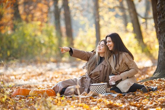 Two girls making picnic on a blanket in autumn park