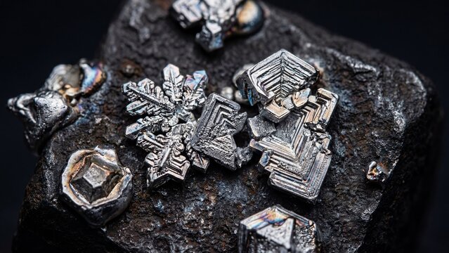 Metallic Bismuth Mineral Crystals on Dark Natural Rock Background