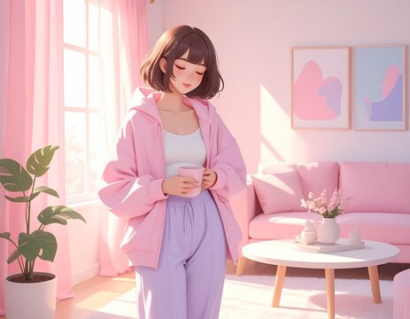 朝の光の中でマグカップを持つ女性