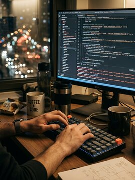 Programmer typing code on computer keyboard at night with city lights background.