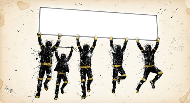 Artistic figures jumping while hanging from a large white blank banner with black ink splatter paint effects on a vintage textured background