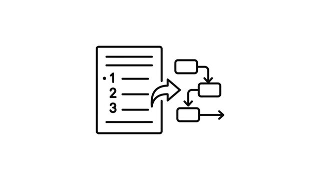 Line icon representing document workflow process with numbered list and flowchart.