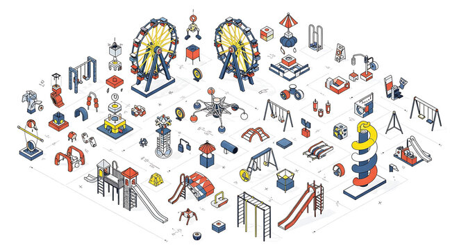 Isometric playground and amusement park clipart set with a variety of outdoor recreational equipment like slides and swings for urban planning