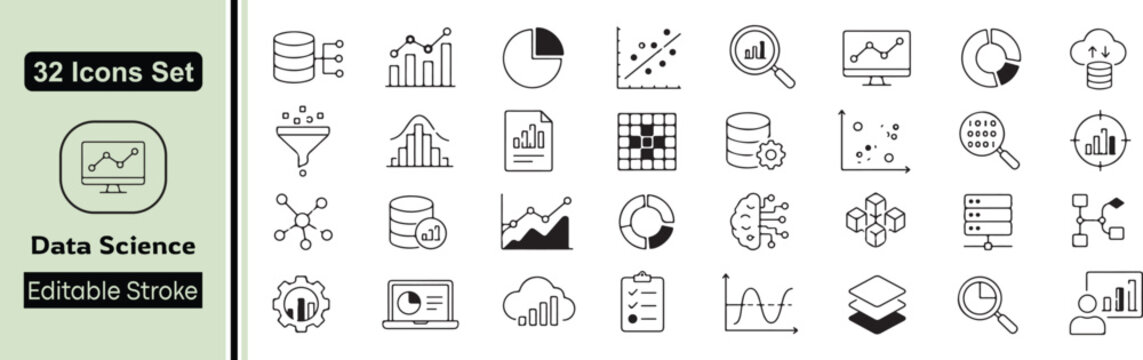 Data Science and Big Data Analytics Line Icons Set - 32 Editable Stroke Machine Learning and Statistics Vector Elements