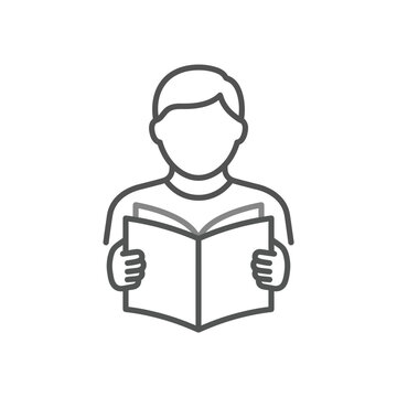 Person reading an open book icon, education and knowledge concept, simple line art illustration