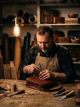 Skilled craftsman meticulously working on a leather bag in his workshop.