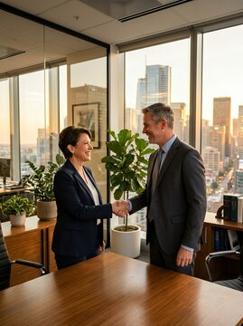 Two business professionals shaking hands in a modern office with city view.