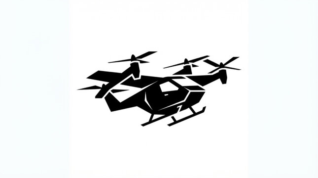 Minimalist black silhouette of an advanced futuristic passenger drone aircraft flying against a clean white background representing modern urban mobility