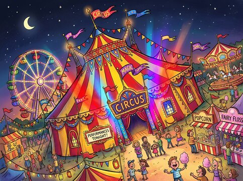 Vibrant circus tent at night with Ferris wheel and happy people enjoying festivities.
